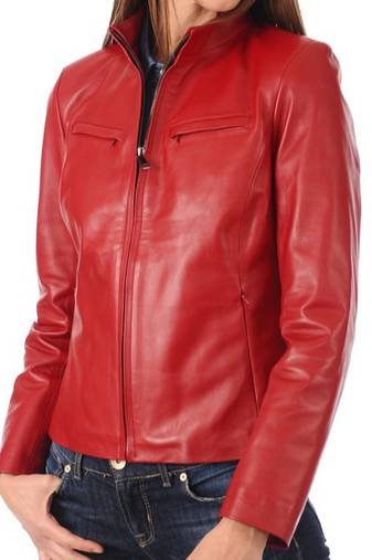 Women's red real lambskin leather cafe racer jacket
