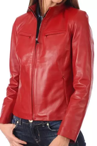 Women's red real lambskin leather cafe racer jacket
