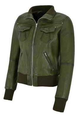 Women's olive green real lambskin bomber leather biker jacket 1