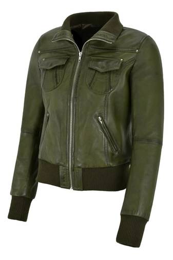 Women's olive green real lambskin bomber leather biker jacket