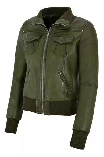 Women's olive green real lambskin bomber leather biker jacket