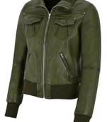 Women's olive green real lambskin bomber leather biker jacket