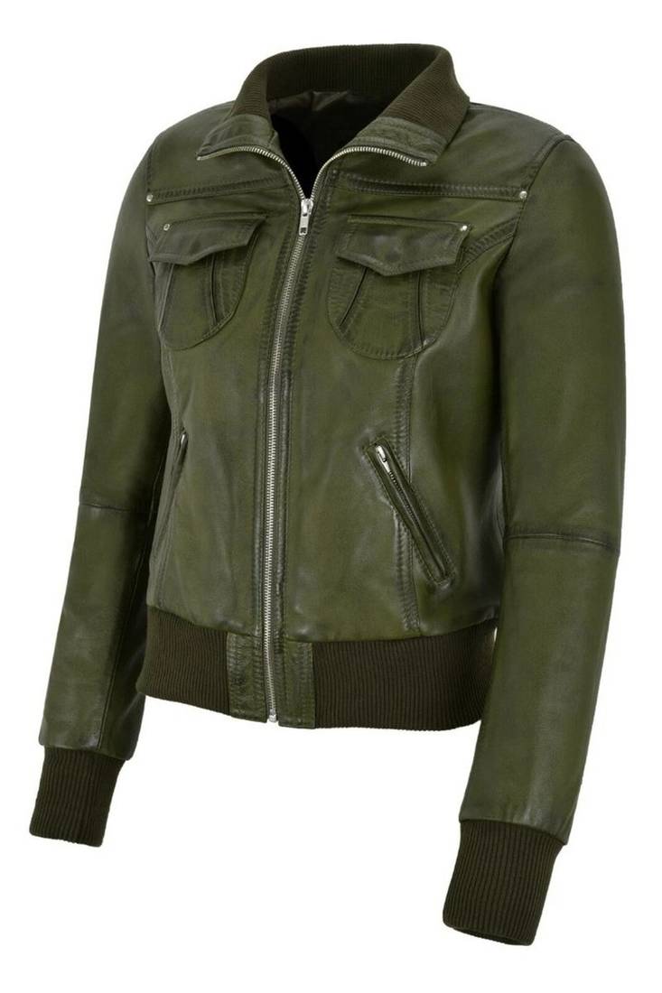 Women's olive green real lambskin bomber leather biker jacket
