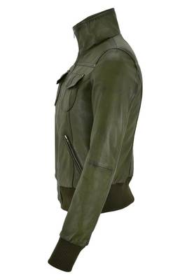 Women's olive green real lambskin bomber leather biker jacket 2