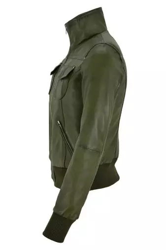 Women's olive green real lambskin bomber leather biker jacket