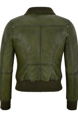 Women's olive green real lambskin bomber leather biker jacket 3