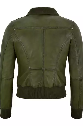 Women's olive green real lambskin bomber leather biker jacket