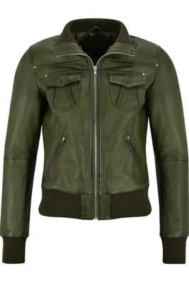 Women's olive green real lambskin bomber leather biker jacket 4