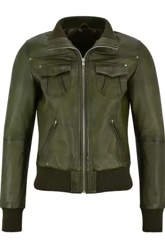 Women's olive green real lambskin bomber leather biker jacket