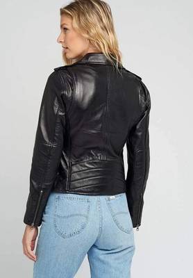 Women's black lambskin hooded leather casual jacket 2