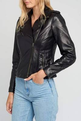 Women's black lambskin hooded leather casual jacket 3