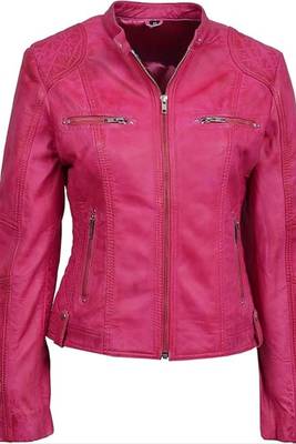 Women's lambskin pink cafe racer leather biker jacket 1