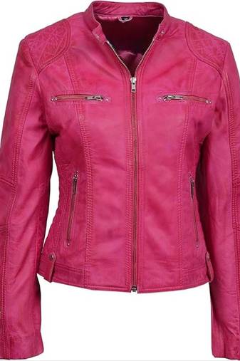 Women's lambskin pink cafe racer leather biker jacket