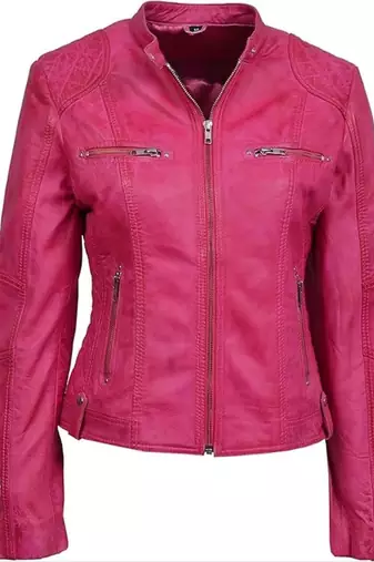 Women's lambskin pink cafe racer leather biker jacket