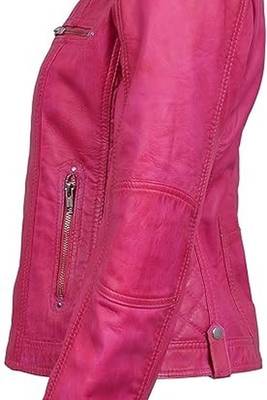 Women's lambskin pink cafe racer leather biker jacket 3