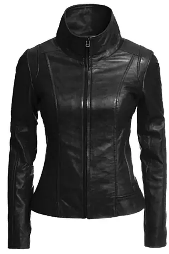 Women's black lambskin stand collar genuine leather jacket