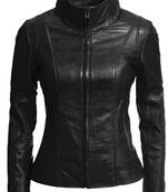 Women's black lambskin stand collar genuine leather jacket