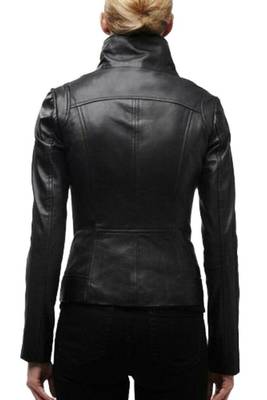 Women's black lambskin stand collar genuine leather jacket 2