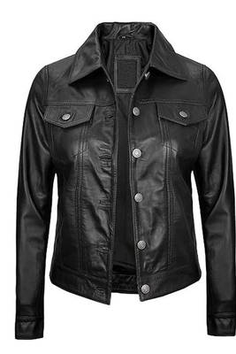 Women's black lambskin button front leather jacket 1