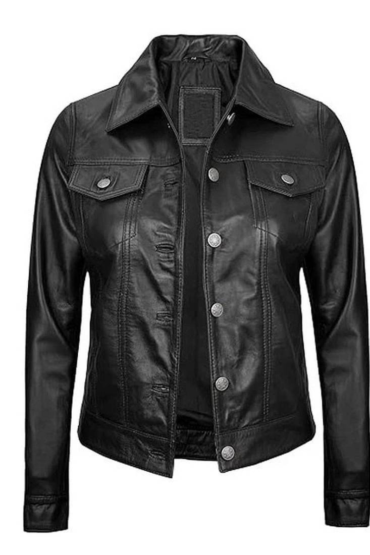 Women's black lambskin button front leather jacket