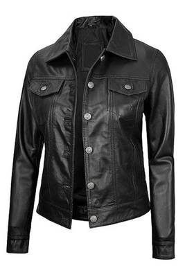 Women's black lambskin button front leather jacket 2