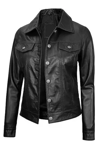 Women's black lambskin button front leather jacket