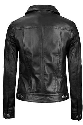 Women's black lambskin button front leather jacket 3