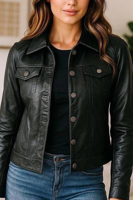 Women's black lambskin button front leather jacket 4