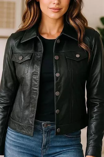 Women's black lambskin button front leather jacket