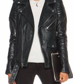 Women's black lambskin classic biker leather jacket