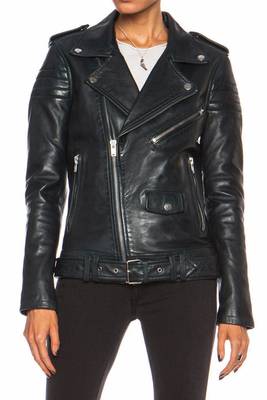 Women's black lambskin classic biker leather jacket 4