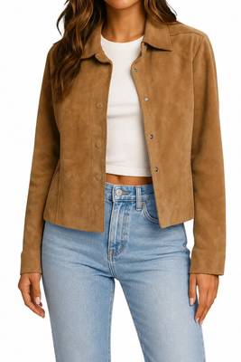 Women's tan genuine suede leather shirt jacket 1