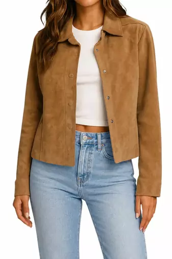 Women's tan genuine suede leather shirt jacket