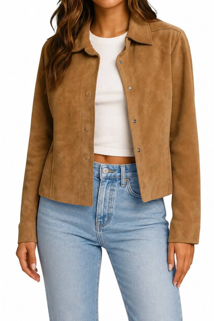 Women's tan genuine suede leather shirt jacket