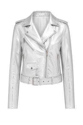 Women's silver metallic leather genuine biker jacket 1