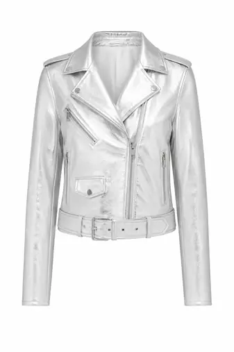 Women's silver metallic leather genuine biker jacket