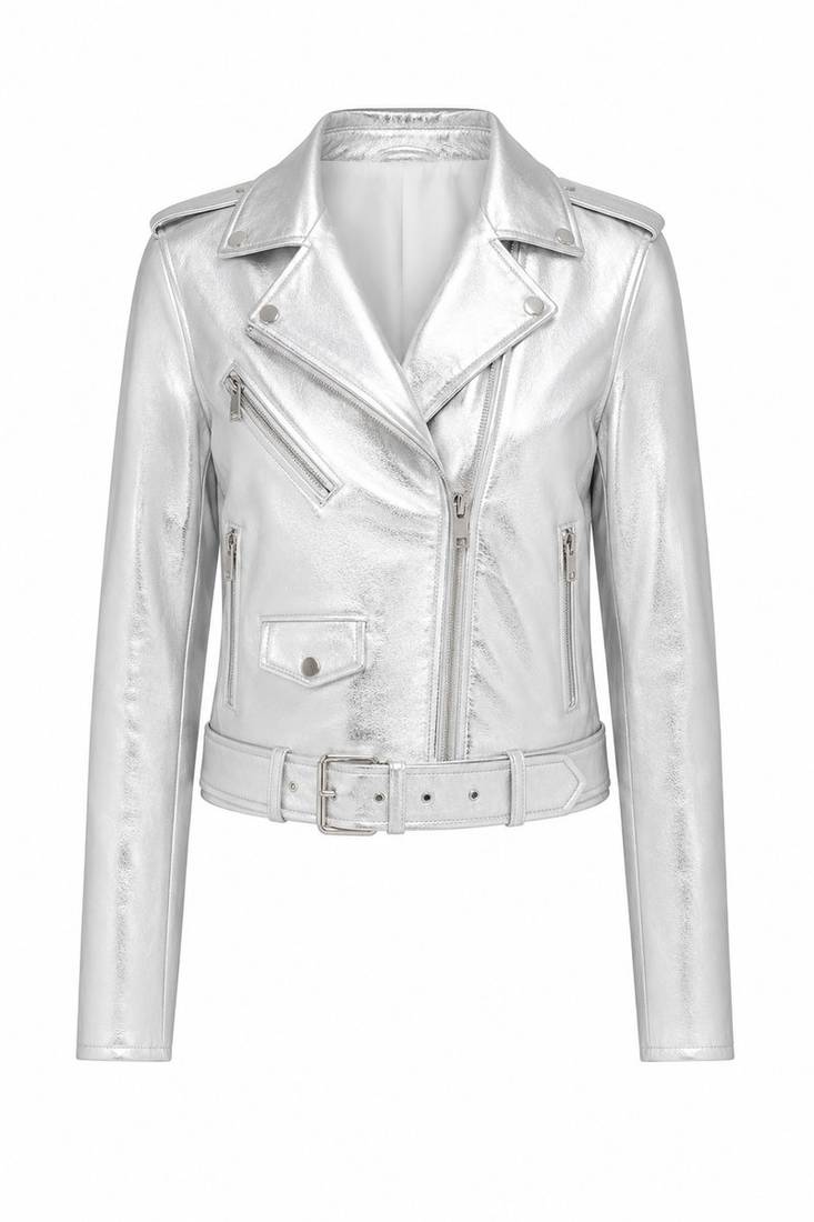 Women's silver metallic leather genuine biker jacket