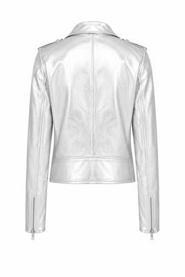 Women's silver metallic leather genuine biker jacket 2