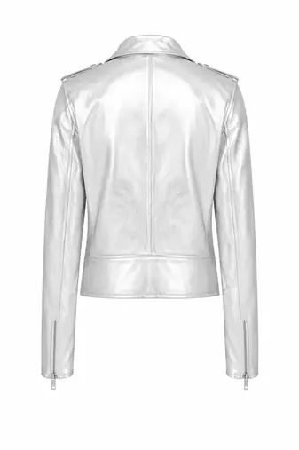 Women's silver metallic leather genuine biker jacket