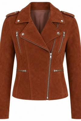 Women's brown suede genuine leather moto biker jacket 1