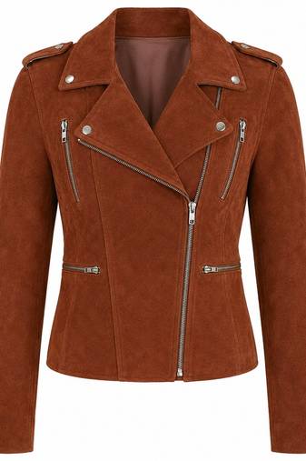 Women's brown suede genuine leather moto biker jacket
