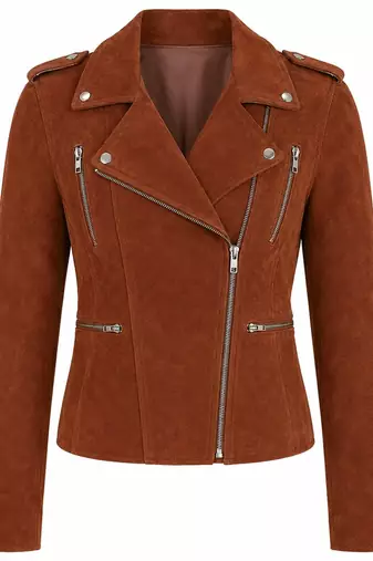 Women's brown suede genuine leather moto biker jacket