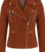 Women's brown suede genuine leather moto biker jacket
