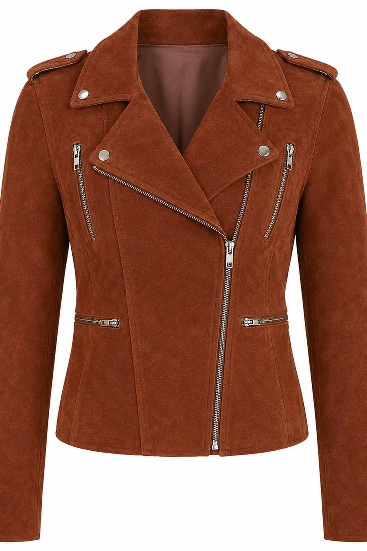 Women's brown suede genuine leather moto biker jacket
