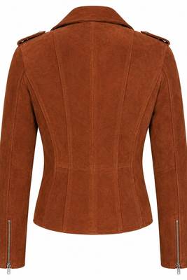 Women's brown suede genuine leather moto biker jacket 2