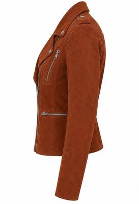 Women's brown suede genuine leather moto biker jacket 3