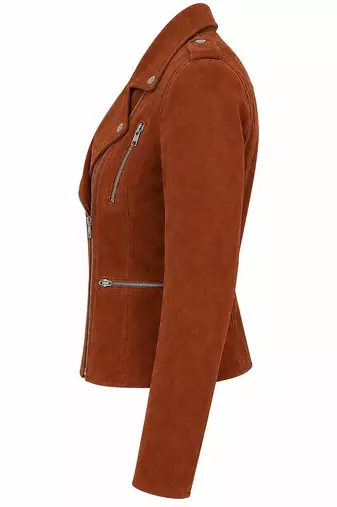 Women's brown suede genuine leather moto biker jacket
