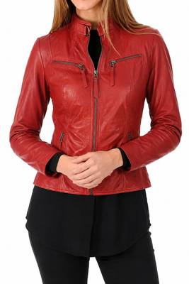 Women's red lambskin slim fit biker leather jacket 1