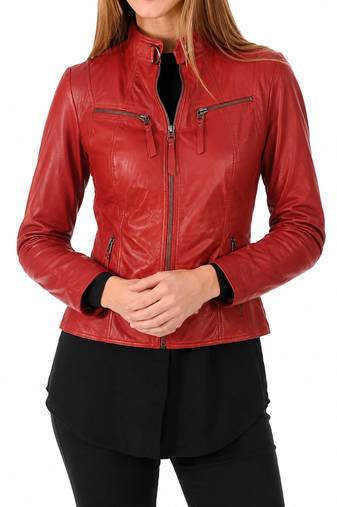 Women's red lambskin slim fit biker leather jacket