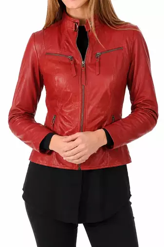 Women's red lambskin slim fit biker leather jacket